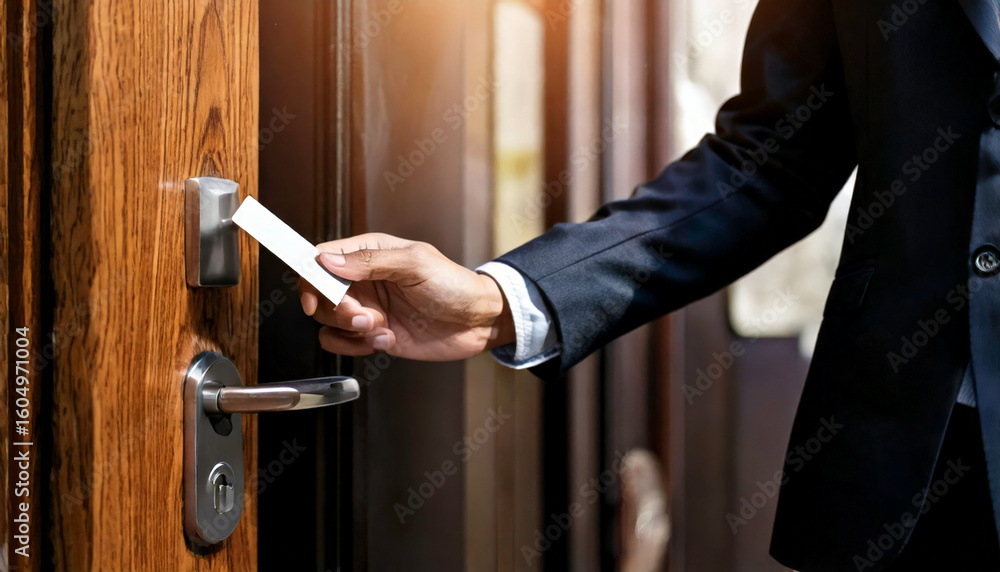 Naklejka premium Businessman uses a key card to enter his hotel room