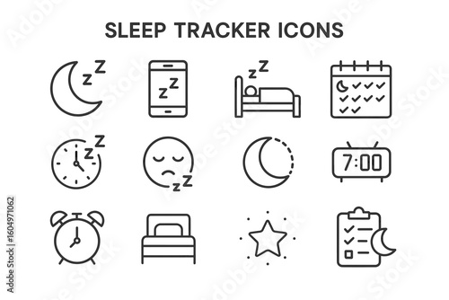 Sleep tracking icons set: moon, phone, calendar, clock, bed, star, checklist