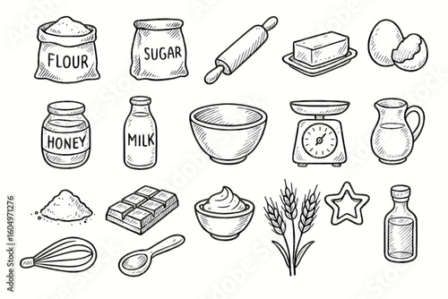 Hand-drawn baking ingredients collection: flour, sugar, eggs, milk, butter