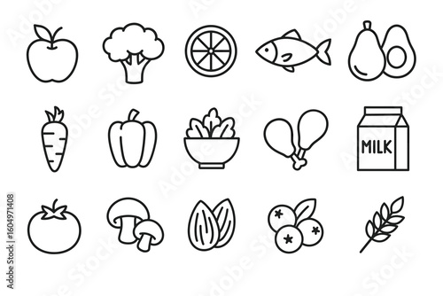 Outline icons of fruits, vegetables, dairy, and fish for healthy foods