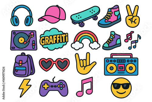 Colorful retro doodle icons: music, skateboard, peace, graffiti, gaming