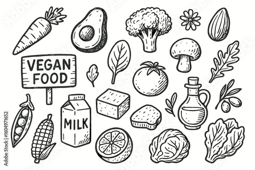 Hand-drawn vegan food elements featuring vegetables, fruits, and natural ingredients