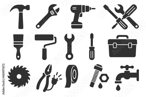 Silhouette icons of tools: hammer, wrench, drill, paintbrush, and more