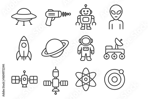 Space icons: ufos, robots, astronauts, aliens, rockets, planets, satellites, telescopes