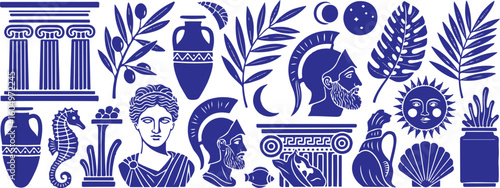 Collection of ancient greek and roman artifacts and symbols isolated on transparent background