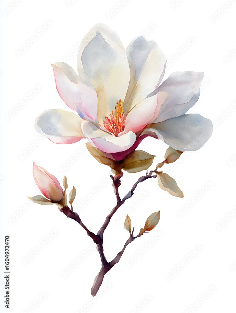 Naklejka premium White Magnolia Botanical Illustration: Delicate Watercolor Floral Design with Pink Accents in Blooming Blossom Nature Art