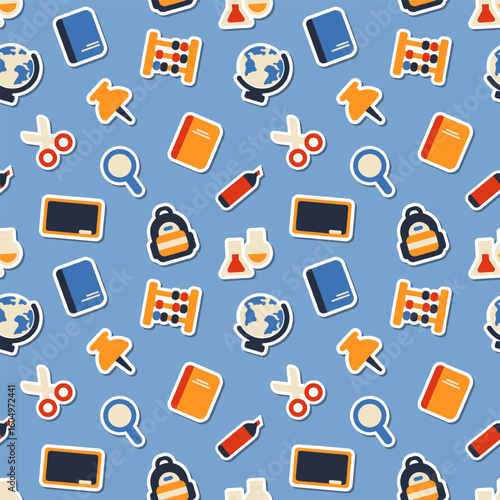 Seamless pattern of flat vector classroom and science icons on cyan blue background. Perfect wallpaper for educational websites, school banners, or apparel. Endless illustration.