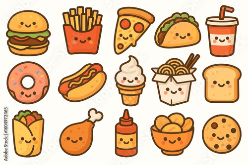 Cute cartoon fast food icons featuring happy faces and various snacks