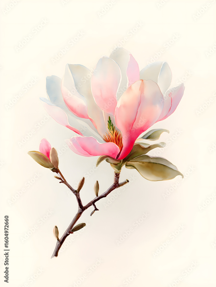 Fototapeta premium Delicate Beauty of Pink Magnolia Flowers: Hand-Painted Botanical Illustration for Nature-Inspired Home Decor