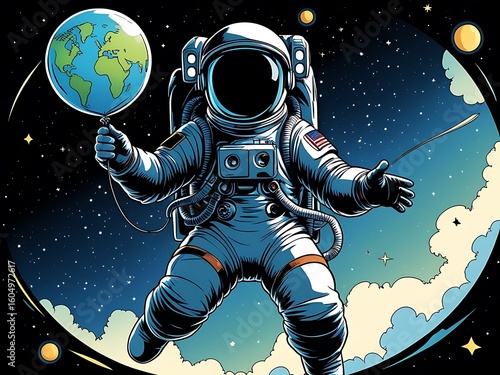 Astronaut floats with Earth balloon, and space. (2)