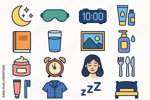 Bedtime routine essentials: relaxation icons for a peaceful night's sleep