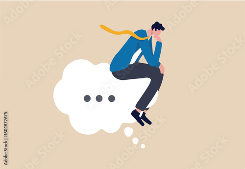 Think of solution, critical thinking to solve problem, focus on new idea, concentration or contemplation, skeptical or rational concept, thoughtful businessman sitting like thinker on thinking bubble
