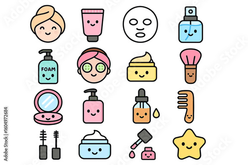 Cute skincare and makeup icons featuring happy facial products and beauty tools
