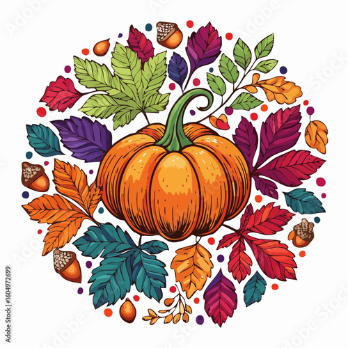 Halloween Party with pumpkins and ghost, engraving and linocut style illustration
