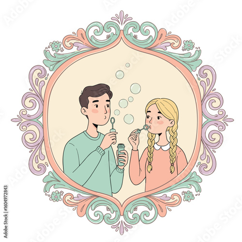 Young boy and girl blowing bubbles together in a decorative frame  