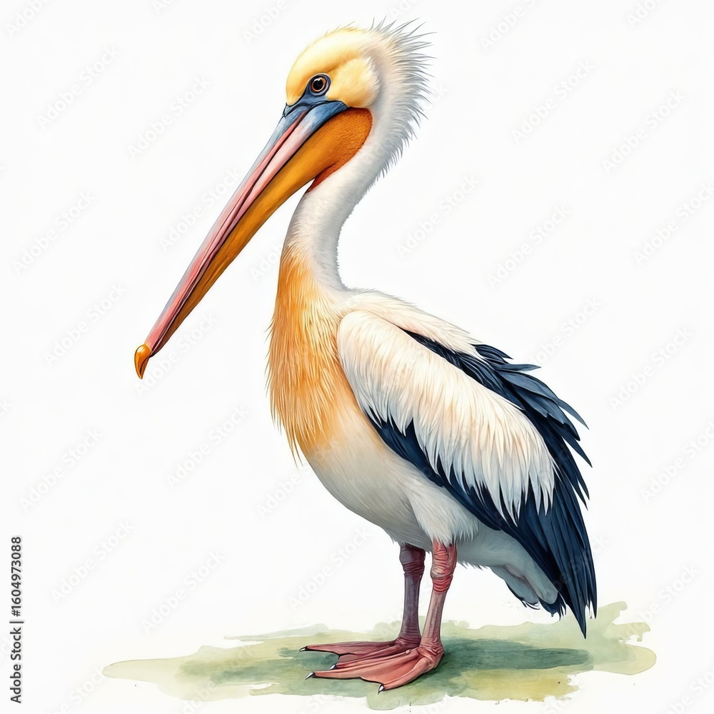 Obraz premium A tall and proud pelican on a white background is an illustration of an exotic bird. Watercolor illustration
