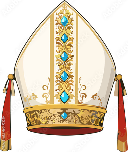 Royal Bishop Mitre Hat Illustration – Elegant Catholic Clergy Headdress with Blue Gems, Gold Embroidery, and Red Tassels