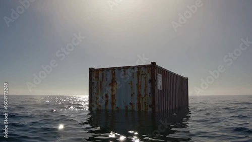 Shipping container adrift in calm ocean water during sunset hours