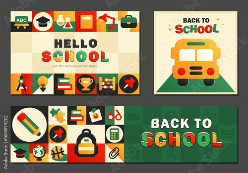 Set of back to school trendy banner, poster, card and header with flat colorful school supplies and academic symbols in a modern geometric mosaic style. 