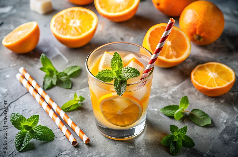 Fototapeta premium A refreshing glass of orange juice with mint and sliced oranges