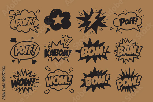 Collection of comic book sound effect speech bubbles and explosions