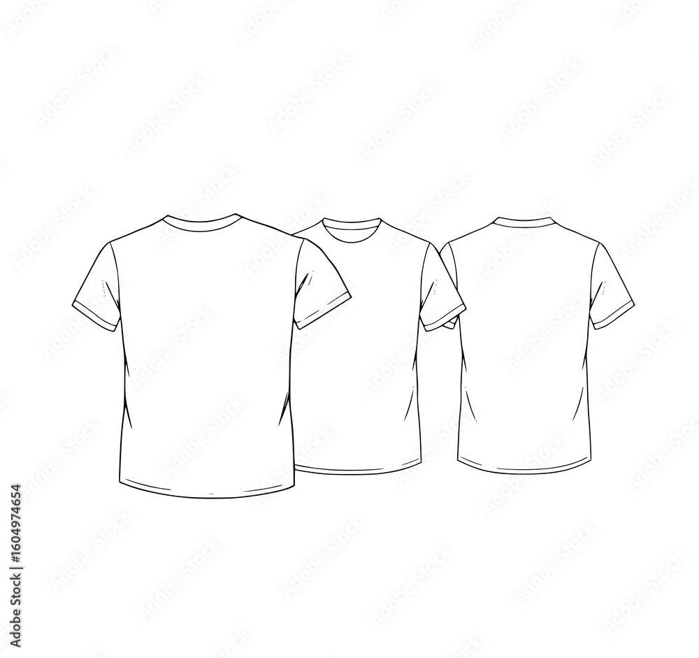 Fototapeta premium T-Shirt Template: A simple line art illustration shows a men's short-sleeve crew neck t-shirt in three views: front, back, and side.