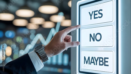 Business Man pointing his finger at the option he has taken to choose, willing to spend maybe or not