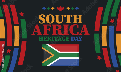 South Africa Heritage Day. Happy holiday. Celebrate culture and traditions of nation. South African flag. Poster with illustration. Pattern design. Vector