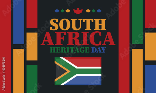 South Africa Heritage Day. Happy holiday. Celebrate culture and traditions of nation. South African flag. Poster with illustration. Pattern design. Vector