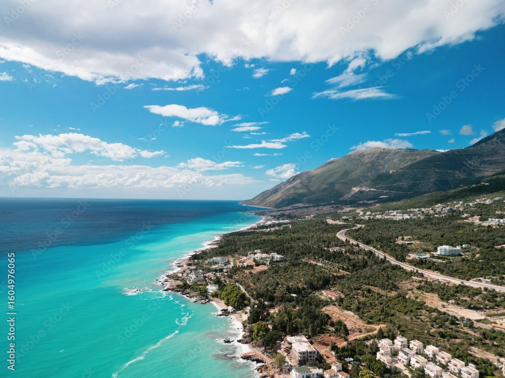 Obraz premium Aerial view of Dhermi Beach, Albania – turquoise sea, Mediterranean coastline, and paradise nature in the Balkans