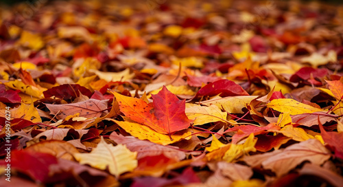 High-resolution photo of fallen autumn leaves in vibrant red, orange, and yellow colors covering the ground, close-up, no people.