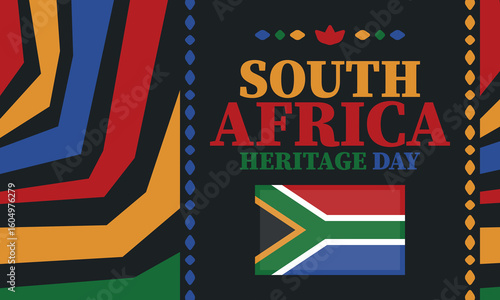 South Africa Heritage Day. Happy holiday. Celebrate culture and traditions of nation. South African flag. Poster with illustration. Pattern design. Vector