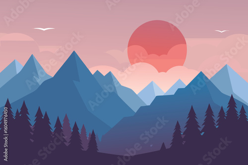 Serene Sunset Mountain Landscape Flat Design Illustration