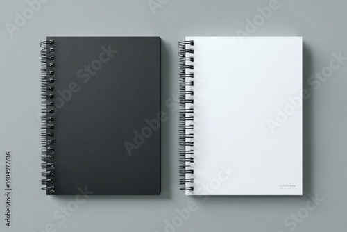 Two spiral-bound notebooks, black and white, lie flat