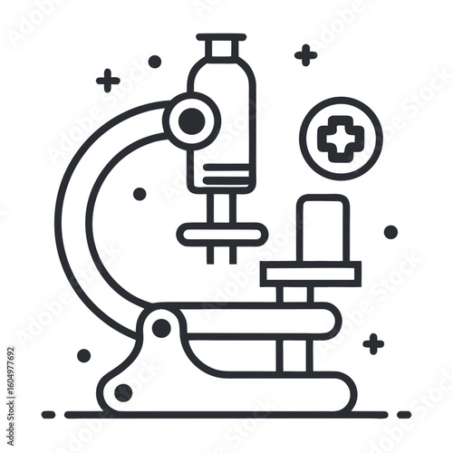 Minimalist line art icon of microscope, laboratory equipment