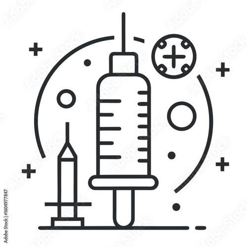 Minimalist line art icon of vaccine bottle and syringe