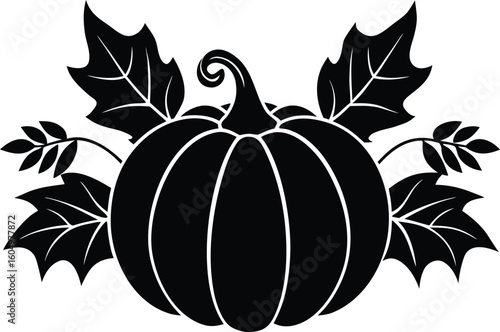 Elegant Black and White Pumpkin Illustration with Autumn Leaves for Halloween or Thanksgiving Decoration