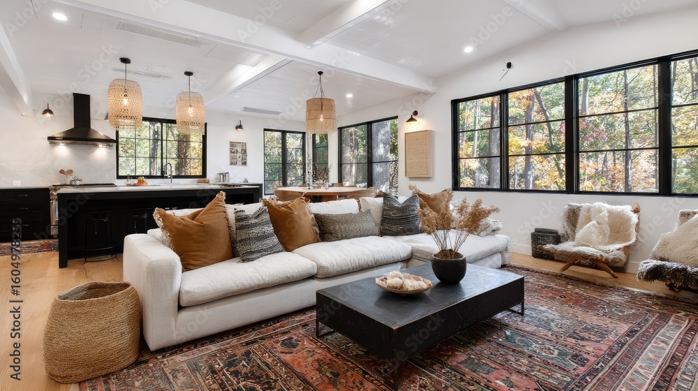 Fototapeta premium A modern living room with large windows showcasing a fall forest view.