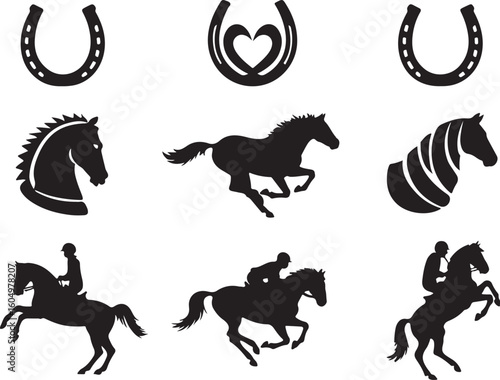 Horses and riders in silhouette black white