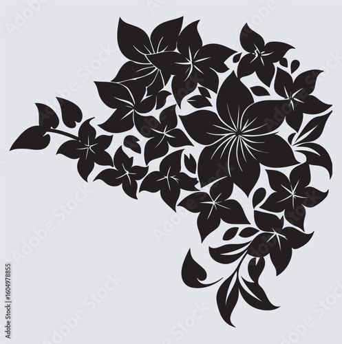 cascading flower petals in corner swirl silhouette vector art illustration, abstract floral background with flowers