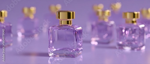 Elegant pop-art pattern of perfume bottles reflecting light on smooth surface