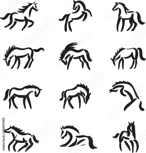 Black ink horse illustrations in various poses equine animal