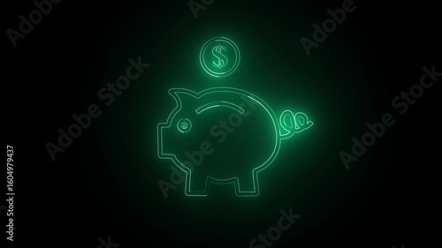 Teal Neon Piggy Bank Animation – Futuristic Digital Savings HUD Icon 4K