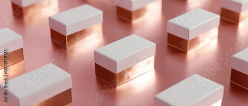Symmetrical arrangement of white product boxes on a rose gold surface
