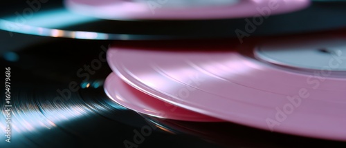 Elegant composition of vinyl discs with high-contrast light reflections