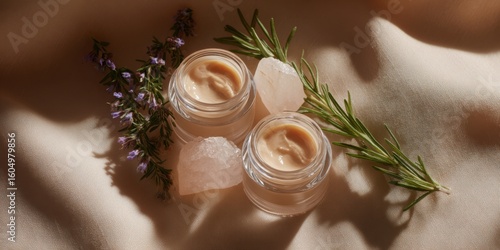Luxury anti-aging cream jars elegantly arranged with natural elements