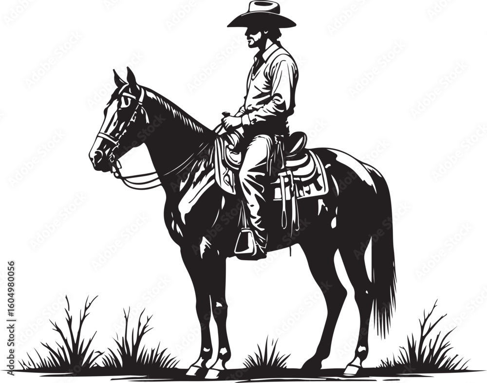Fototapeta premium Cowboy riding horse in western landscape vector