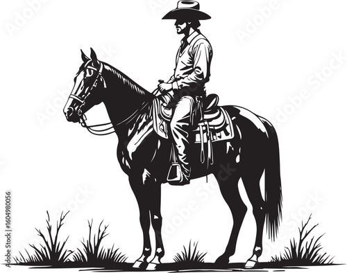 Cowboy riding horse in western landscape vector