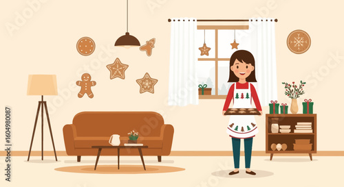 Cheerful Girl Baking Christmas Cookies In A Cozy Holiday Decorated Home