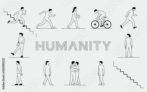 Diverse human activities and interactions line art